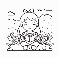 cute little girl reading book in the garden vector illustration design