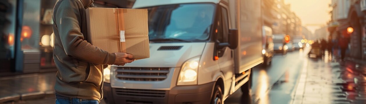 Delivery Drop-off, light truck driver making a delivery, with the driver handing a package to a customer or dropping off goods at a business, background image, generative AI