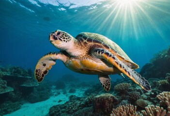 Sea turtle with sunburst in background underwater