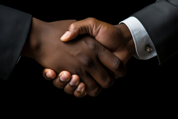 Close-up of diverse white and black businessmen shaking hands in an agreement gesture - obrazy, fototapety, plakaty