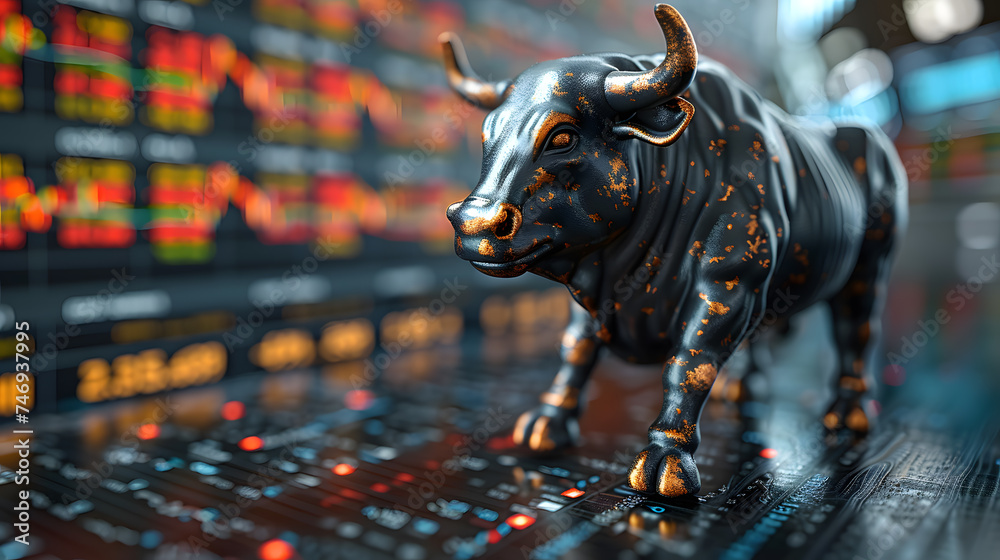 Wall mural Bull on the background of the stock exchange. 3D illustration.