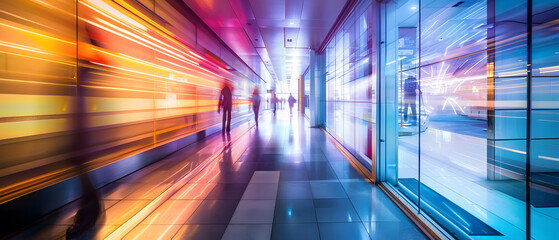 Business people walking in the corridor of a modern office building with motion blur