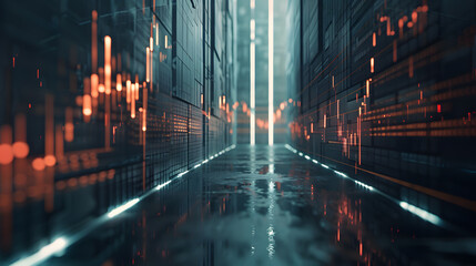 3d rendering of data center server room with glowing forex chart