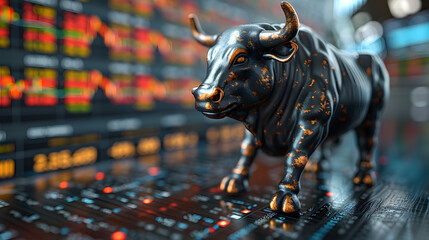 Bull on the background of the stock exchange. 3D illustration.