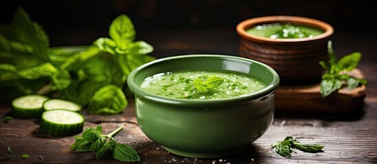 A bowl of refreshing cucumber gazpacho soup garnished with mint leaves, onions, and a drizzle of olive oil. The soup is served in a ceramic cup on an old iron background, providing a rustic look.