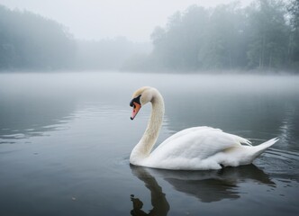 Fototapeta premium A white swan on a lake at foggy morning
