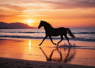 A horse trotting along the shore with a vibrant sunset over the bay