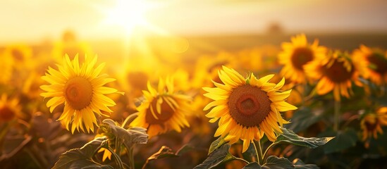 Obraz premium A field of sunflowers gleaming in the sunset with the warm sun shining through the petals, creating a stunning natural landscape