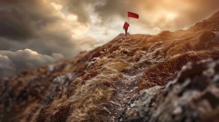 An adventurer standing triumphant on a mountain peak holding a red flag against a dramatic sky.