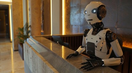 Futuristic robot receptionist waiting to assist guests in the luxurious lobby of a contemporary hotel.