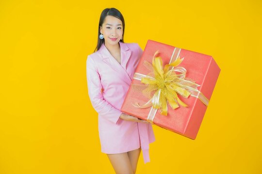 Portrait Beautiful Young Asian Woman Smile With Red Gift Box Color Background 3