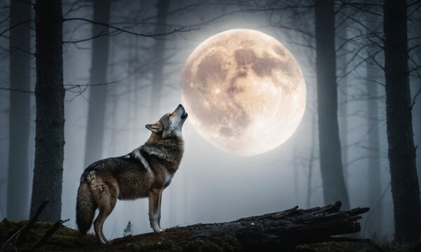 A wolf howling to the full moon in the light night forest with mystery fog