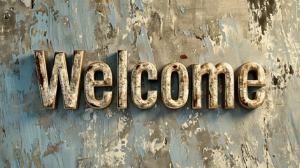 Beige Welcome concept creative horizontal art poster. Photorealistic textured word Welcome on artistic background. Ai Generated Hospitality and Greetings Horizontal Illustration.