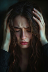 People with headaches show symptoms of depression and stress. Half-body portrait of a person suffering from a headache.