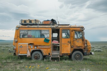 An old orange converted bus stands in a blooming field, depicting an alternative nomadic lifestyle.