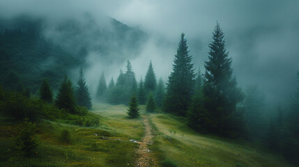 Majestic view of beautiful fog mountains in mist landscape. Dramatic unusual scene. Travel background. Exploring the beauty world. Carpathian mountains. - obrazy, fototapety, plakaty
