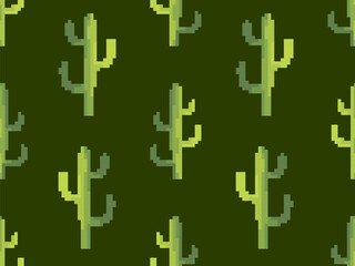 Seamless pattern with cacti in pixel art style. Green 8-bit cacti in the style of classic 80s video games. Retro design for print, wrapping paper and wallpaper. Vector illustration