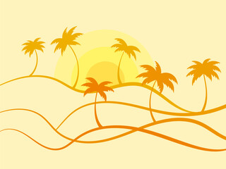 Fototapeta na wymiar Tropical landscape with palm trees at sunset in a minimalistic style. Linear wavy landscape with palm trees. Design of advertising brochures, banners, posters and travel agencies. Vector illustration