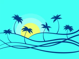 Gordijnen Tropical landscape with palm trees at dawn in a minimalist style. Linear wavy landscape with palm trees. Design of advertising brochures, banners, posters and travel agencies. Vector illustration © andyvi
