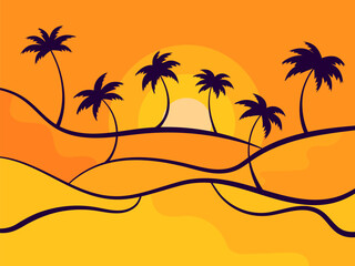 Tropical landscape with palm trees at sunset in a minimalistic style. Linear wavy landscape with palm trees. Design of advertising brochures, banners, posters and travel agencies. Vector illustration