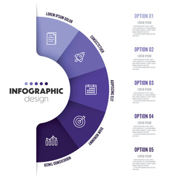 Vector Infographic Semi Circle Vertical Template Diagrame. Business Concept 5 Step For Presentation.