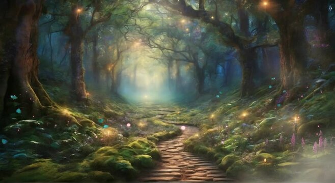 The background of the video animation, a forest path in the morning with sunlight filtering through the leaves of the trees. A fantasy world forest full of trees and beautiful butterflies