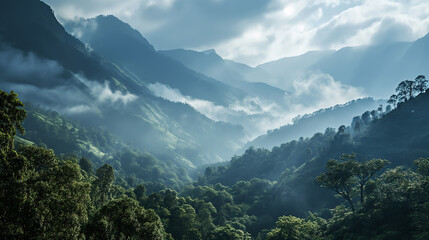 Morning mountain landscape with clouds and alpine panorama.
Morning mist, breathtaking natural scenery Travel and tourism concept images, refreshing and relaxing nature images