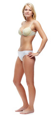 Beauty, smile and woman with underwear in studio for lingerie, body care and confidence. Happy,...