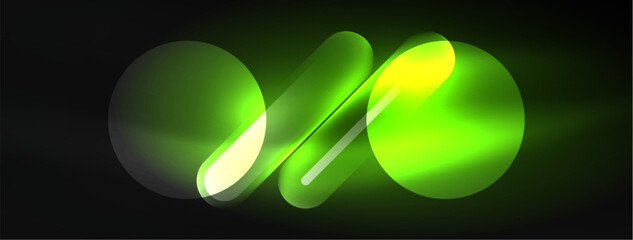 Abstract design pulsates with neon glowing light effects, casting an entrancing glow in the darkness, captivating the eye with its vibrant energy. Glass circles neon glowing light effects