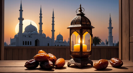 A bowl of dates with a typical Ramdhan lamp on a wooden table. Neatly arranged and looks so beautiful.