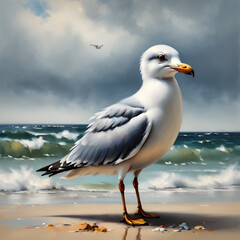 Fototapeta premium Seagull gracefully soars through the blue sky above the coastal waters, showcasing its white feathers and elegant wings
