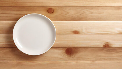 Fototapeta na wymiar Simple and elegant background of an empty light brown wooden surface with a empty round white plate on it, suitable for food, kitchen, or dining themes