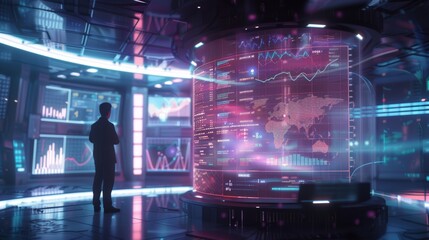 A business professional engages with advanced analytics and global financial data on interactive screens in a futuristic setting.
