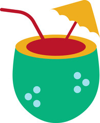 Coconut drinking water with umbrella straw icon. 