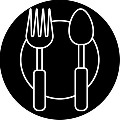 Spoon with fork on plate, b&w icon.