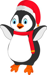Cute penguin wearing santa hat standing in stylish pose.