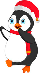Cartoon character of penguin wearing santa hat.