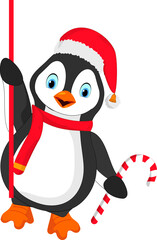 Character of penguin holding candy cane on white background.