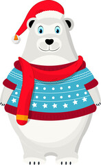 Polar bear character wearing santa hat in standing pose.