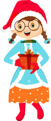 Happy girl character holding gift box.