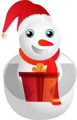 Cute snowman holding gift box.