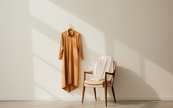 photos of clothes hung on walls and chairs