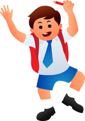 Happy school boy with hanging bag.