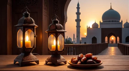 Fotobehang A bowl of dates with a typical Ramdhan lamp on a wooden table. Neatly arranged and looks so beautiful. © Eunoya