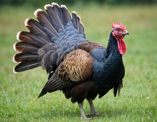 A turkey in meadow showing plumage
