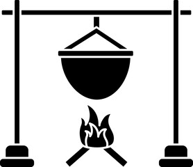 Cooking pot on bonefire, glyph icon in b&w color.