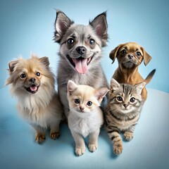 Funny Gray Kittens and Happy Dogs: An Unforgettable Encounter on a Stylish Blue Backdrop