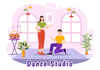 Dance Studio Vector Illustration with Dancing Couples Performing Accompanied by Music in Flat Cartoon Background Design