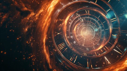 Time travel Technology Background with Clock concept and Time Machine, Can rotate clock hands. Jump into the time portal in hours. Traveling in space and time. Time travel fantasy scifi cinematic film - obrazy, fototapety, plakaty