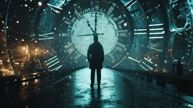 Time travel Technology Background with Clock concept and Time Machine, Can rotate clock hands. Jump into the time portal in hours. Traveling in space and time. Time travel fantasy scifi cinematic film